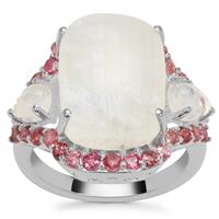 Rainbow Moonstone Ring with Pink Tourmaline in Sterling Silver 13.20cts