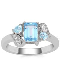 Swiss Blue Topaz Ring with White Zircon in Sterling Silver 1.46cts