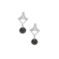 Tahitian Cultured Pearl Earrings with White Zircon in Sterling Silver (9mm)