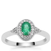 Zambian Emerald Ring with White Zircon in Platinum Plated Sterling Silver 0.70ct