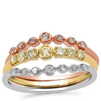 Natural Pink, Yellow Diamond Set of 3 Rings with White Diamond in 9K Three Tone Gold 0.50ct