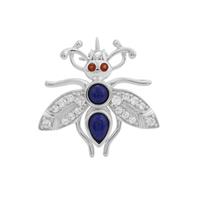 Sar-i-Sang Lapis Lazuli, Nampula Garnet Brooch with White Zircon in Sterling Silver 1.45cts