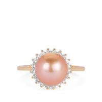 Naturally Papaya Cultured Pearl Ring with White Topaz in Gold Tone Sterling Silver (9mm)