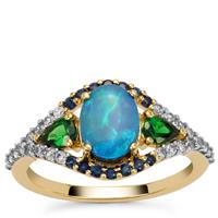 Crystal Opal on Ironstone, Tsavorite Garnet, Thai Sapphire Ring with White Zircon in 9K Gold