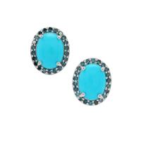 Sleeping Beauty Turquoise Earrings with Blue Diamond in Rhodium Flash Sterling Silver 2.05cts