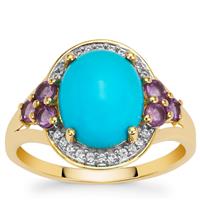 Sleeping Beauty Turquoise, Bahia Amethyst Ring with White Zircon in 9K Gold 3.15cts