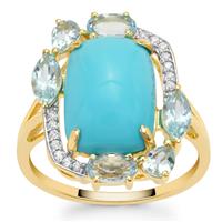 Sleeping Beauty Turquoise, Santa Maria Aquamarine Ring with White Zircon in 9K Gold 5.90cts