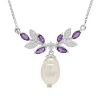 South Sea Cultured Pearl, Bahia Amethyst Necklace with White Zircon in Sterling Silver (8mm)