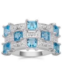 Swiss Blue Topaz Ring with White Zircon in Sterling Silver 2.11cts