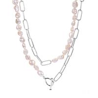 Baroque Cultured Pearl (6x8mm) T-Bar Necklace in Sterling Silver