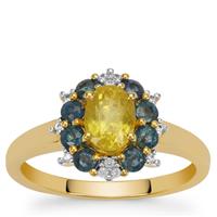 Nigerian Yellow Sapphire, Natural Nigerian Blue Sapphire Ring with White Zircon in Gold Plated Sterling Silver 1.95cts