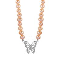 "The Monarch Butterfly" Naturally Papaya Cultured Pearl Butterfly Necklace with White Zircon in Sterling Silver 