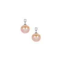 Edison Naturally Peach Cultured Pearl (10mm) Earrings with White Topaz in Rhodium Plated Sterling Silver 