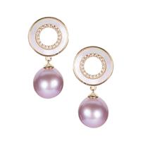 Natural Lavender Cultured Pearl, Mother of Pearl Earrings with White Topaz in Gold Tone Sterling Silver