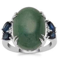 Type A Burmese Jadeite, Australian Blue Sapphire Ring with White Zircon in Sterling Silver 14.45cts