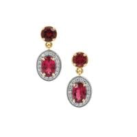 Nigerian Rubellite Earrings with White Zircon in 9K Gold 1.50cts