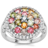 Rainbow Tourmaline Ring with White Zircon in Platinum Plated Sterling Silver 3.12cts