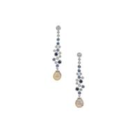 Golden South Sea Cultured Pearl, Australian Blue Sapphire, Thai Sapphire Earrings with White Zircon in Sterling Silver (8mm)