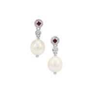 South Sea Cultured Pearl, Rhodolite Garnet Earrings with White Zircon in Sterling Silver
