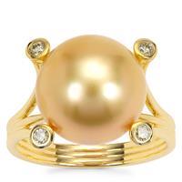 Golden South Sea Cultured Pearl Ring with Natural Yellow Diamond in 9K Gold (12MM)