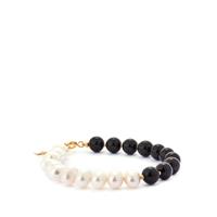 Kaori Cultured Pearl Bracelet with Black Onyx in Gold Tone Sterling Silver 