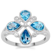 Swiss Blue Topaz Ring with White Zircon in Sterling Silver 2.37cts