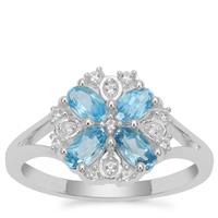 Swiss Blue Topaz Ring with White Zircon in Sterling Silver 1.07cts