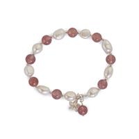 Strawberry Quartz Stretchable Bracelet with Kaori Cultured Pearl in Sterling Silver