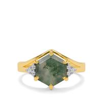 Moss Agate Ring with White Zircon in Gold Plated Sterling Silver 2.90cts