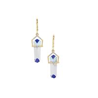 Lehrer Cosmic Obelisk Sky Blue Topaz, Sar-i-Sang Lapis Lazuli, Optic Quartz Earrings with Diamond in 9K Gold