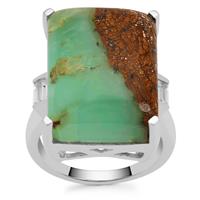 Prase Green Opal Ring with White Zircon in Sterling Silver 19.15cts
