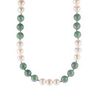 Green Type A Jadeite Necklace with Pearl in Sterling Silver