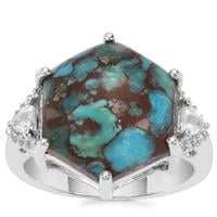 Egyptian Turquoise Ring with White Zircon in Sterling Silver 7.78cts