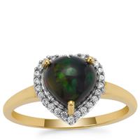 Ethiopian Black Opal Ring with White Zircon in 9K Gold 1.35cts