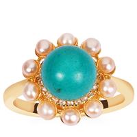Turquoise, Kaori Cultured Pearl Ring with White Topaz in Gold Tone Sterling Silver