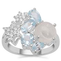 Rainbow Moonstone, Sky Blue Topaz Ring with White Zircon in Sterling Silver 4.64cts