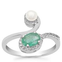 Zambian Emerald, Kaori Cultured Pearl Ring with White Zircon in Sterling Silver