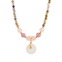 Khotan Mutton Fat Jade and Multi Gemstone Gold Tone Sterling Silver Necklace ATGW 53.50cts