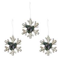 Gem Auras Set of 3 Wooden Look Snowflakes Tree Decorations with Clear Quartz ATGW 4.5cts