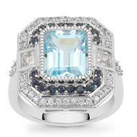 Sky Blue Topaz, Ceylon Blue Sapphire Ring with White Zircon in Sterling Silver 5.35cts