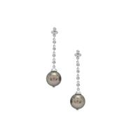 Tahitian Cultured Pearl Earrings with White Zircon in Sterling Silver (11mm)
