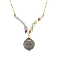Tahitian Cultured Pearl, Multi Sapphire Necklace with White Zircon in 9K Gold (13mm)