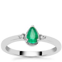 Zambian Emerald Ring with White Zircon in Platinum Plated Sterling Silver 0.40ct