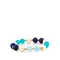 Aquamarine, Amazonite, Lapis Lazuli Stretchable Bracelet with Kaori Cultured Pearl in Gold Tone Sterling Silver