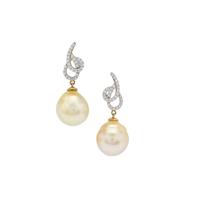Golden South Sea Cultured Pearl Earrings with White Zircon in Gold Plated Sterling Silver (13mm)