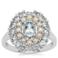 Santa Maria Aquamarine, White Zircon Ring with Kaori Cultured Pearl in Sterling Silver