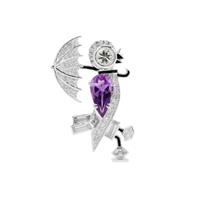 Moroccan Amethyst, Crystal Quartz Brooch with White Zircon in Sterling Silver 5.65cts