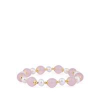 Rose Quartz Stretchable Bracelet with Kaori Cultured Pearl in Gold Tone Sterling Silver