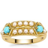 Indonesian Seed Pearls with Sleeping Beauty Turquoise Ring in Gold Plated Sterling Silver