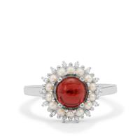 Rajasthan Garnet, Kaori Cultured Pearl Ring with White Zircon in Sterling Silver 